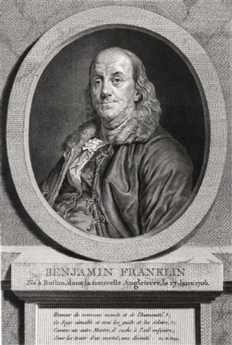 In this image provided by the Library of Congress, a portrait of Benjamin Franklin by Justus Chevillet (engraver) is seen, after a painting by Joseph-Siffrede Duplessis, 1778. When Benjamin Franklin was in charge of the mail, letters bound Americans together. For the typical household today, nearly two months can pass before a personal letter shows up. The avalanche of advertising still arrives, of course, along with magazines and catalogs. But the personal communication _  as well as the majority of bill payments _ has gone the way of the calling card _ largely replaced by email, Twitter, Facebook and the like. (AP Photo/Library of Congress)